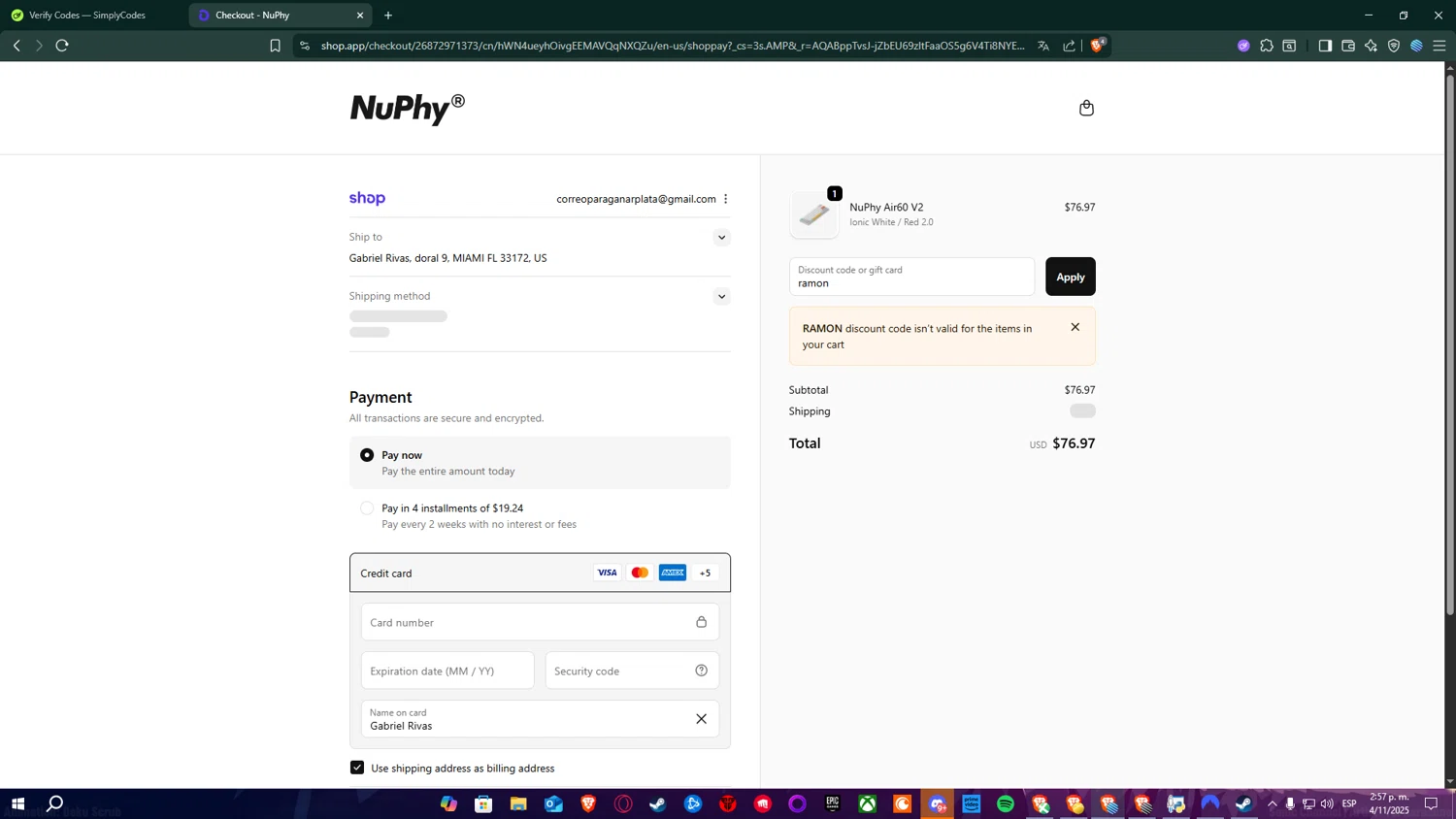 NuPhy discount code screenshot showing code ramon applied at NuPhy checkout page. Uploaded by SimplyCodes community member RickCound on Nov 4, 2025