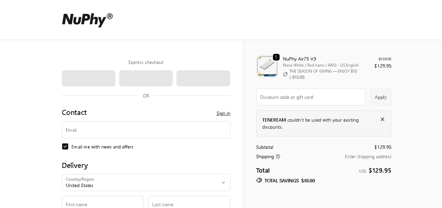 NuPhy discount code screenshot showing code TENEREAM applied at NuPhy checkout page. Uploaded by SimplyCodes community member CRYSTALSUICINE on Jan 2, 2026