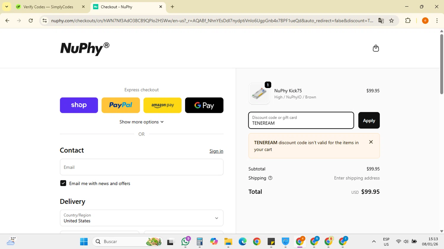 NuPhy discount code screenshot showing code TENEREAM applied at NuPhy checkout page. Uploaded by SimplyCodes community member RebateSpotter7205 on Jan 8, 2026