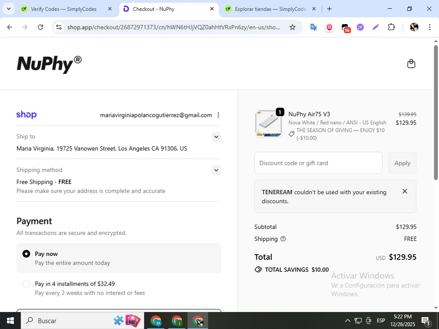 NuPhy discount code screenshot showing code TENEREAM applied at NuPhy checkout page. Uploaded by SimplyCodes community member mariapolancog on Dec 26, 2025
