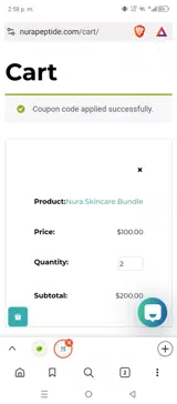 NURA Peptides coupon verification screenshot