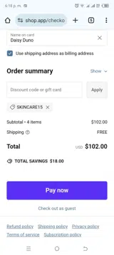 SKINCARE15 coupon verification screenshot