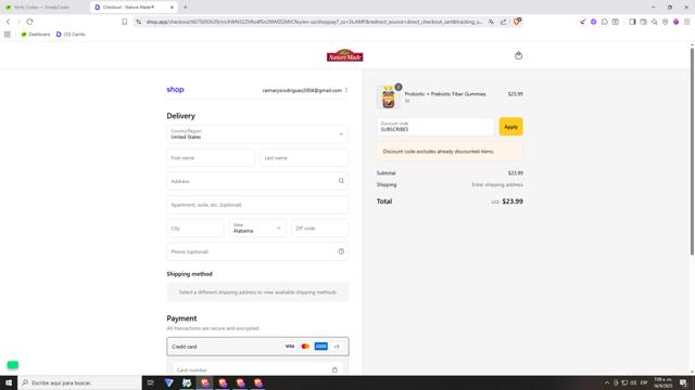 Nurish by Nature Made checkout page showing Nurish by Nature Made promo code box | Screenshot taken by SimplyCodes community member on Sep 16, 2025