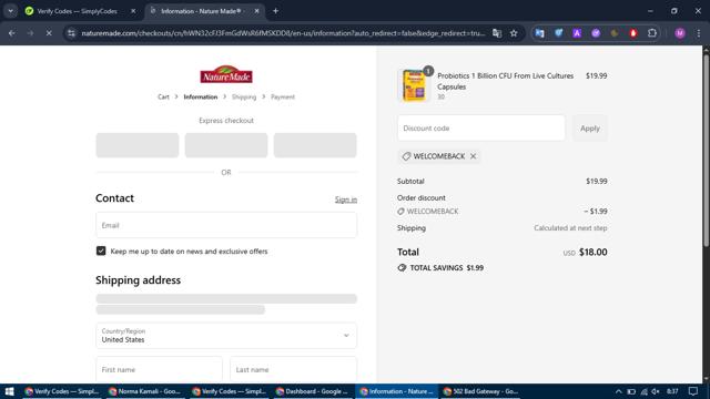 Nurish by Nature Made checkout page showing Nurish by Nature Made promo code box | Screenshot taken by SimplyCodes community member on Sep 16, 2025