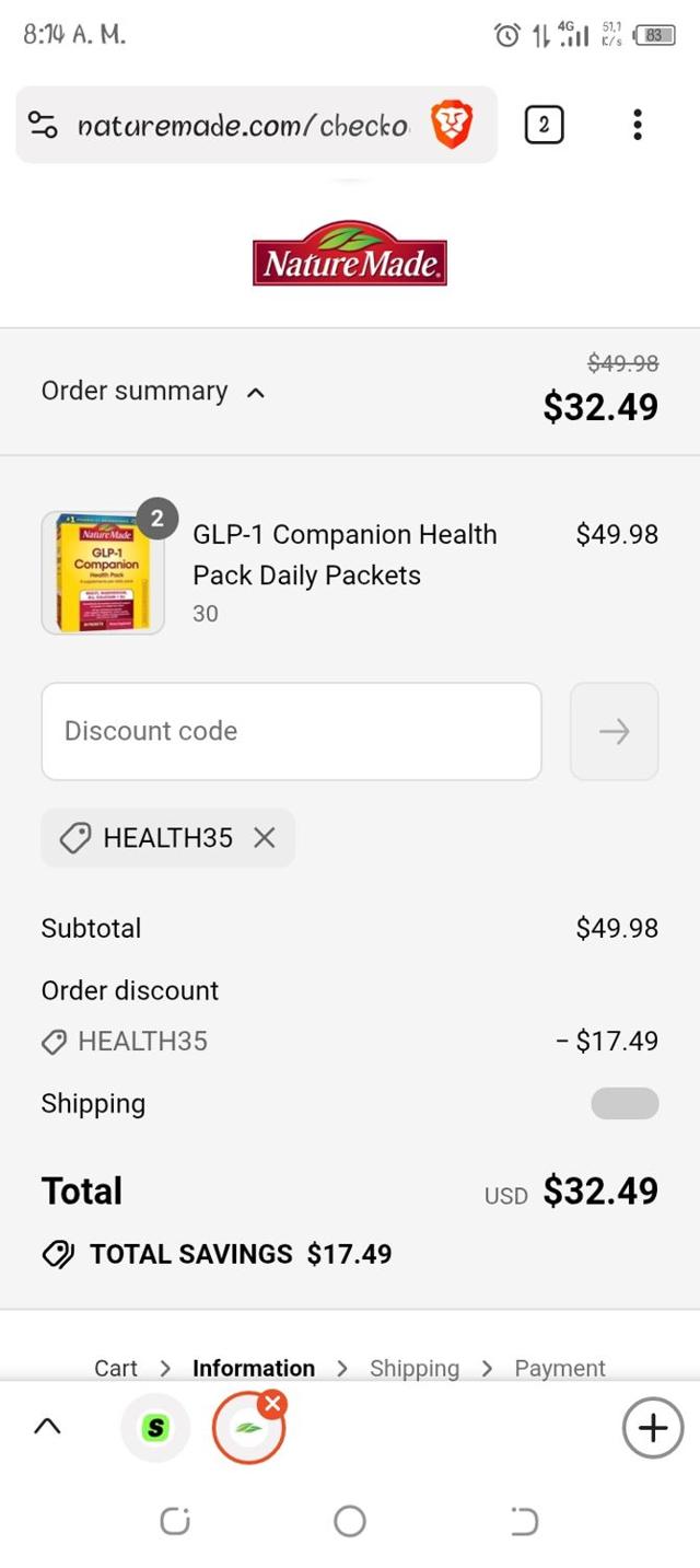 Nurish by Nature Made checkout page showing Nurish by Nature Made promo code box | Screenshot taken by SimplyCodes community member on Sep 16, 2025