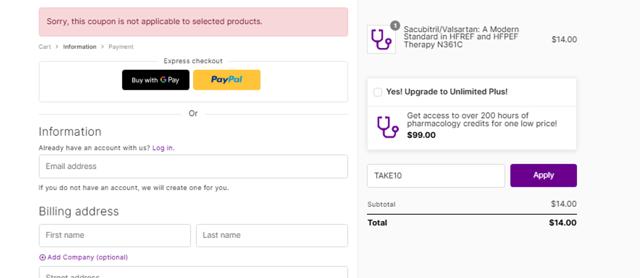 NurseCe4Less checkout page showing NurseCe4Less promo code box | Screenshot taken by SimplyCodes community member on Jul 23, 2025