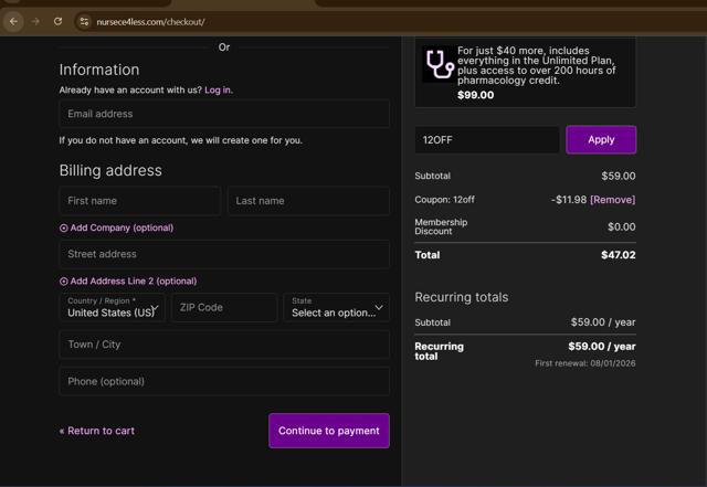NurseCe4Less checkout page showing NurseCe4Less promo code box | Screenshot taken by SimplyCodes community member on Aug 1, 2025