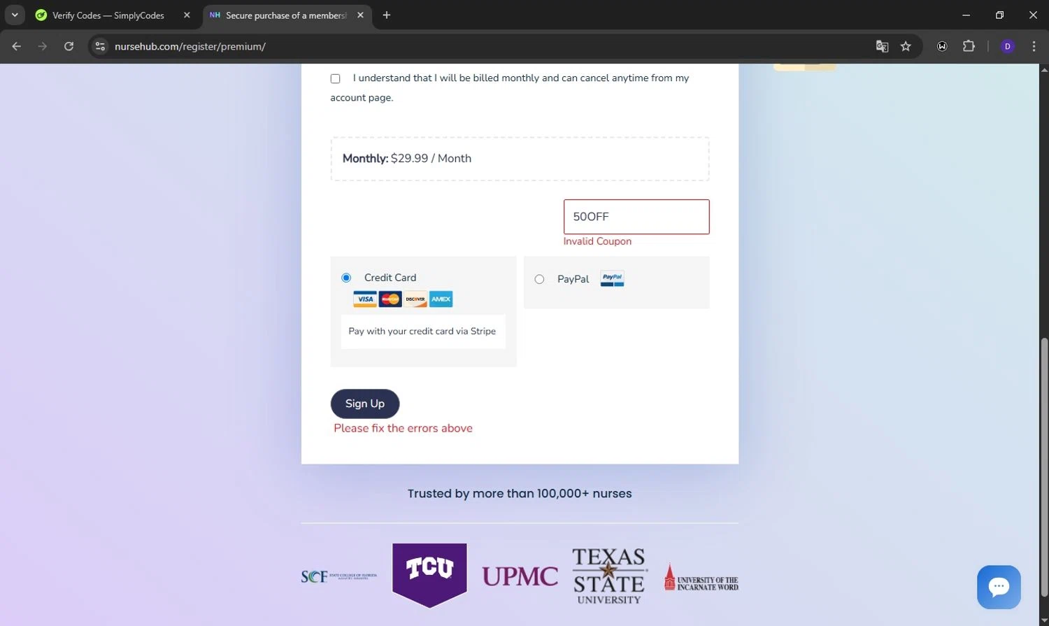NurseHub coupon code screenshot showing code 50OFF applied at NurseHub checkout page. Uploaded by SimplyCodes community member Obito6245825041527 on Mar 25, 2025