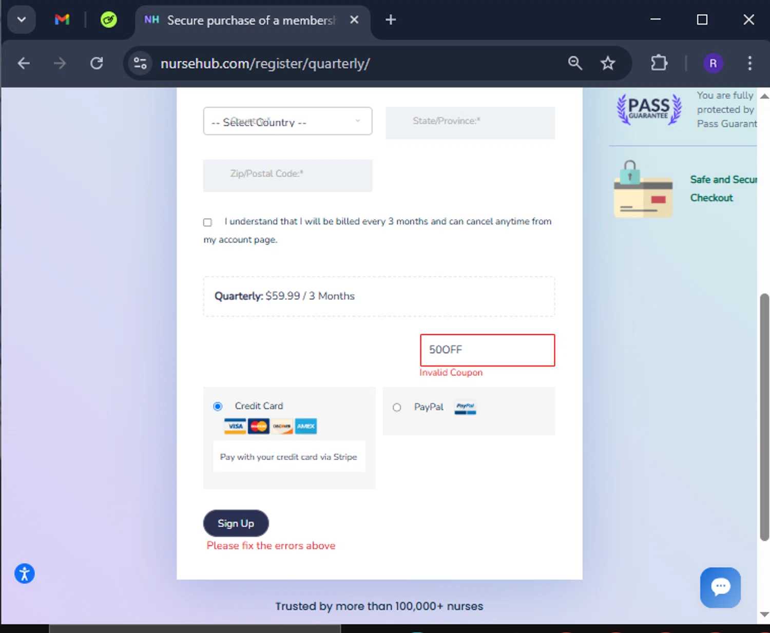 NurseHub coupon code screenshot showing code 50OFF applied at NurseHub checkout page. Uploaded by SimplyCodes community member CashCollector4199 on Mar 20, 2025