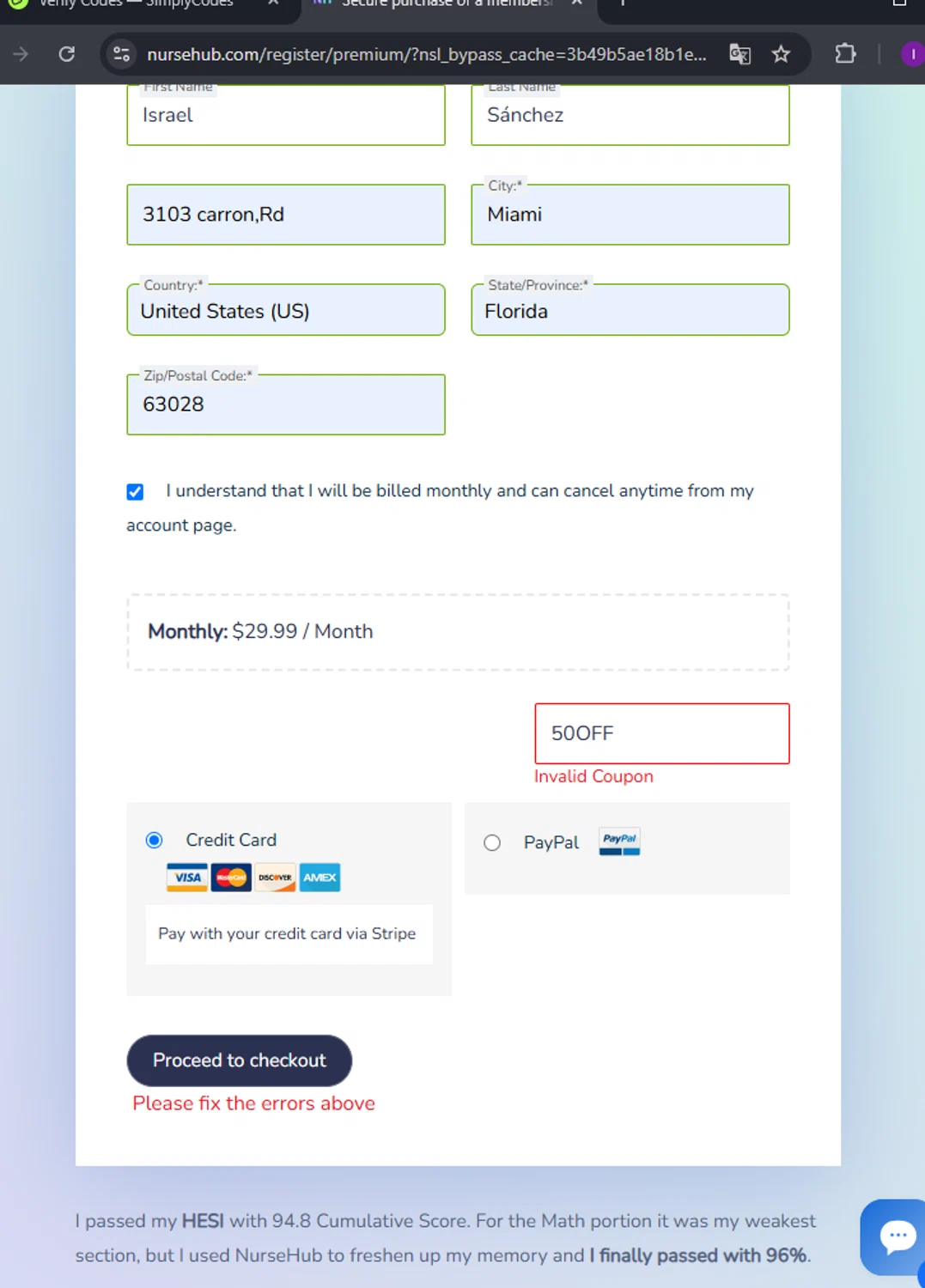 NurseHub coupon code screenshot showing code 50OFF applied at NurseHub checkout page. Uploaded by SimplyCodes community member arimakouse on Mar 20, 2025