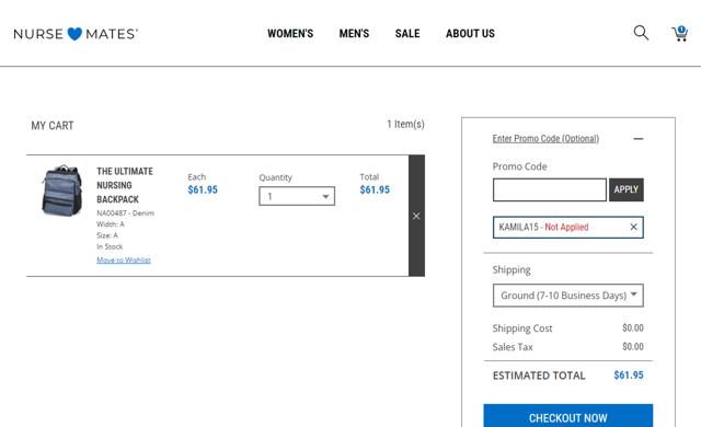 Nurse Mates checkout page showing Nurse Mates coupon code box | Screenshot taken by SimplyCodes community member on Jan 18, 2024