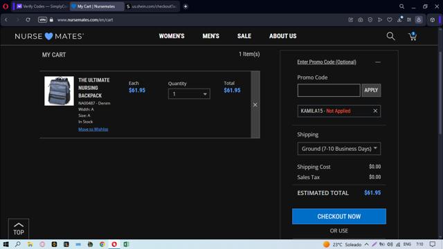 Nurse Mates checkout page showing Nurse Mates coupon code box | Screenshot taken by SimplyCodes community member on Dec 20, 2023