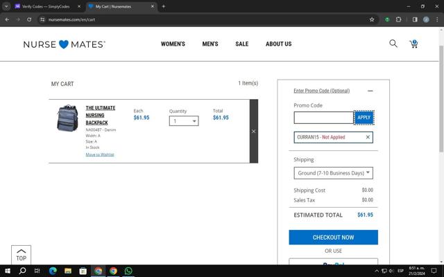 Nurse Mates checkout page showing Nurse Mates coupon code box | Screenshot taken by SimplyCodes community member on Feb 21, 2024