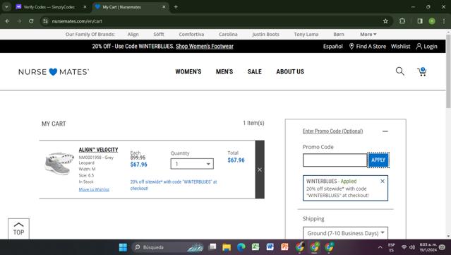 Nurse Mates checkout page showing Nurse Mates coupon code box | Screenshot taken by SimplyCodes community member on Jan 19, 2024