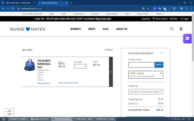 Nurse Mates checkout page showing Nurse Mates coupon code box | Screenshot taken by SimplyCodes community member on Feb 27, 2024