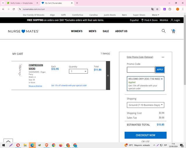 Nurse Mates checkout page showing Nurse Mates coupon code box | Screenshot taken by SimplyCodes community member on Sep 25, 2024