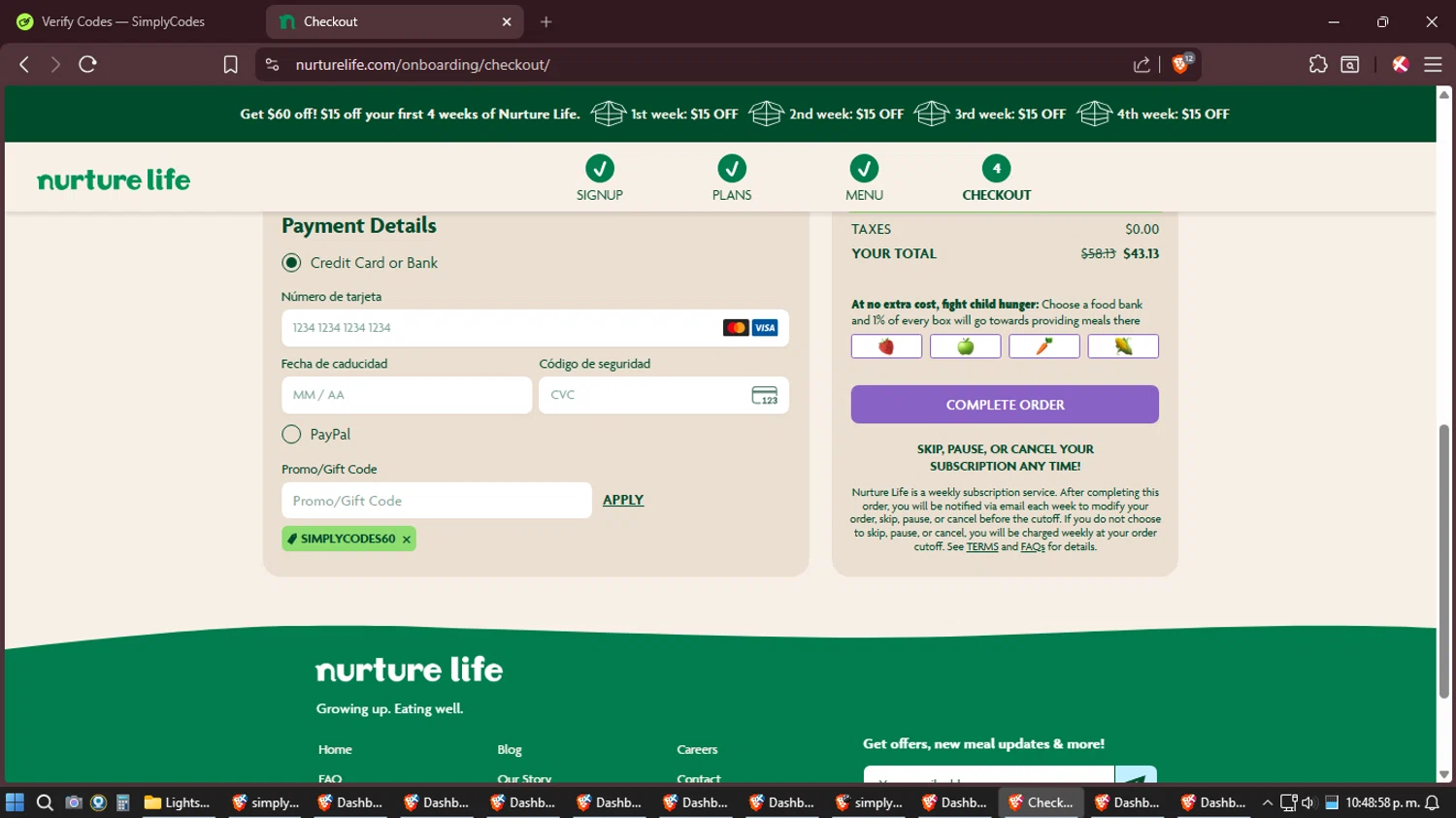 NurtureLife promo code screenshot showing code SIMPLYCODES60 applied at NurtureLife checkout page. Uploaded by SimplyCodes community member Amidamaru on Feb 1, 2026