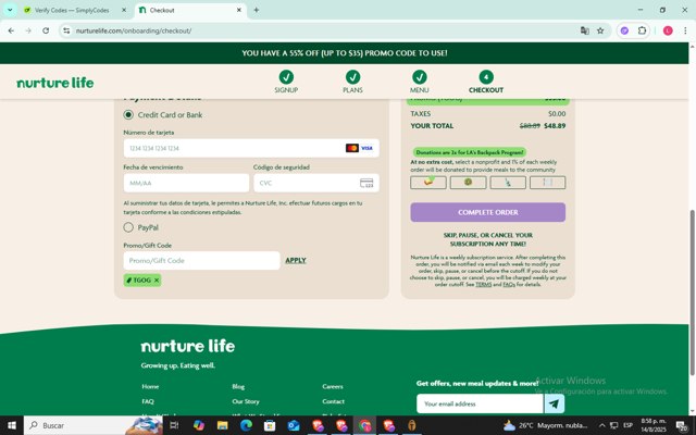 NurtureLife checkout page showing NurtureLife promo code box | Screenshot taken by SimplyCodes community member on Aug 15, 2025