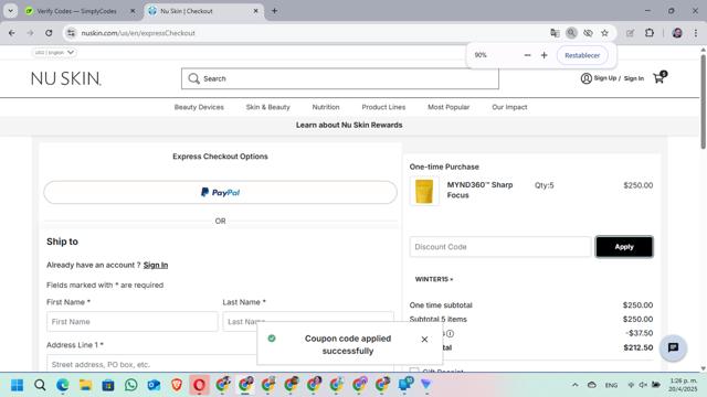 Nu Skin checkout page showing Nu Skin promo code box | Screenshot taken by SimplyCodes community member on Apr 20, 2025