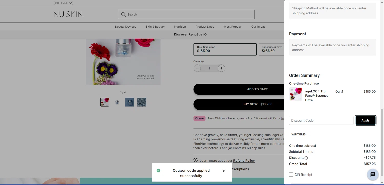 Nu Skin promo code screenshot showing code WINTER15 applied at Nu Skin checkout page. Uploaded by SimplyCodes community member TreasureKnight4134 on May 4, 2025