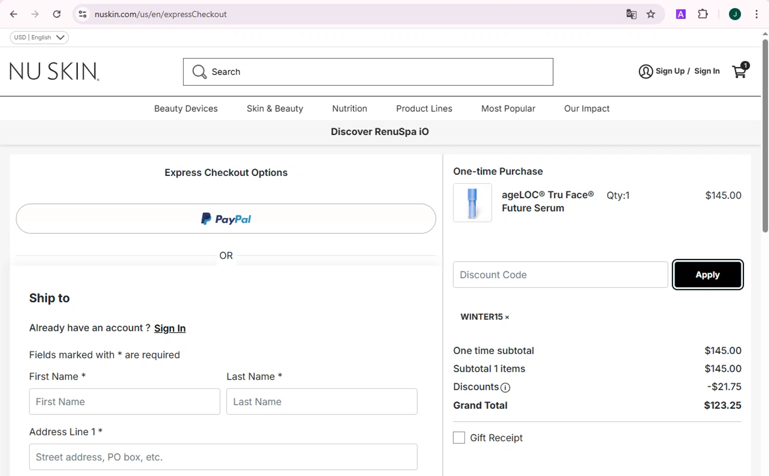 Nu Skin checkout page showing Nu Skin promo code box | Screenshot taken by SimplyCodes community member on Apr 1, 2025