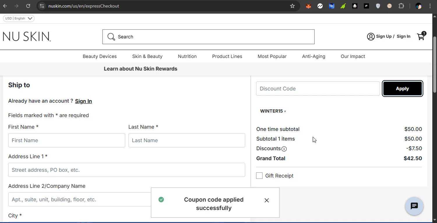 Nu Skin checkout page showing Nu Skin promo code box | Screenshot taken by SimplyCodes community member on Apr 27, 2025
