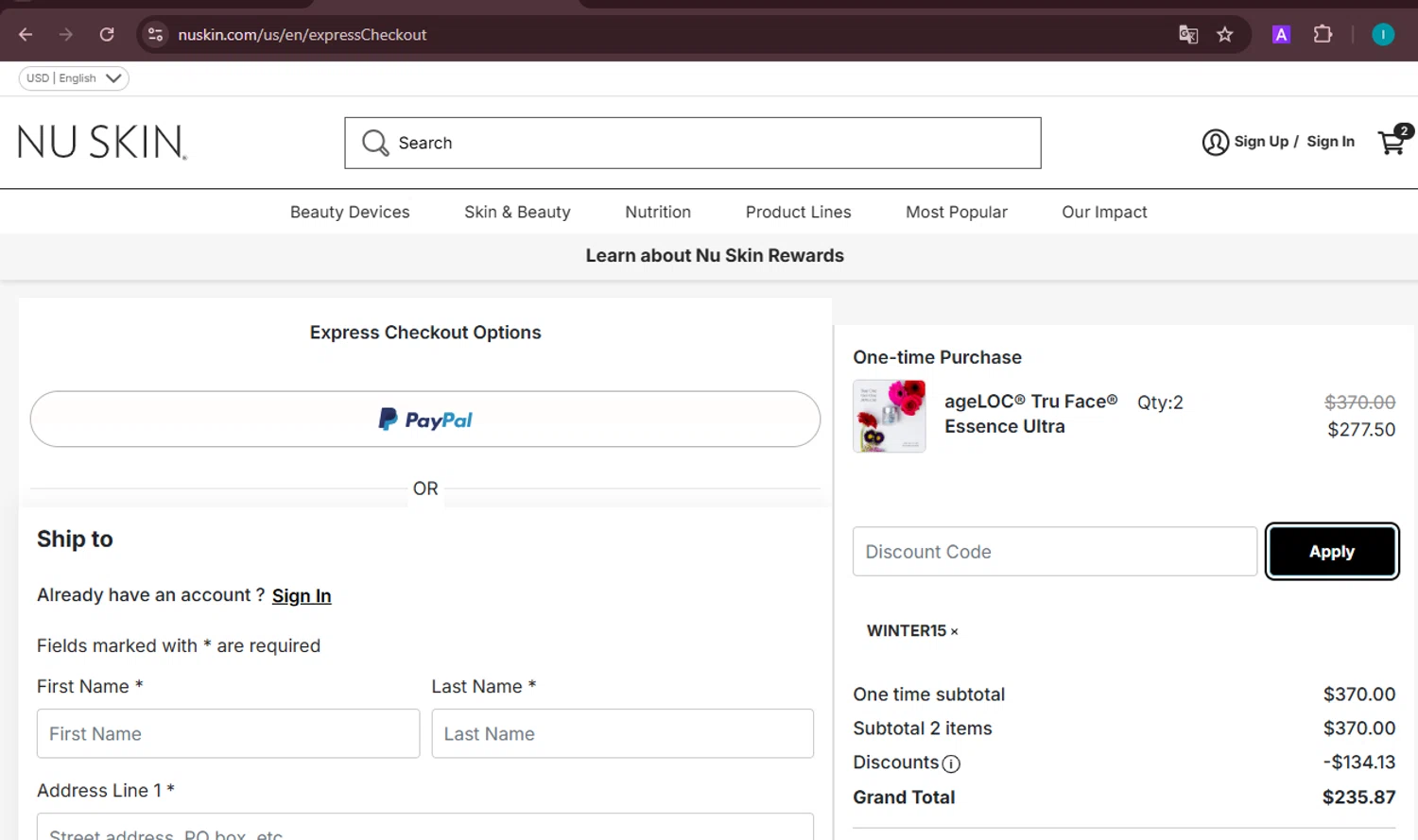 Nu Skin checkout page showing Nu Skin promo code box | Screenshot taken by SimplyCodes community member on Apr 30, 2025