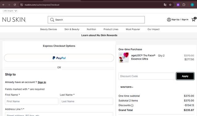 Nu Skin checkout page showing Nu Skin promo code box | Screenshot taken by SimplyCodes community member on Apr 30, 2025