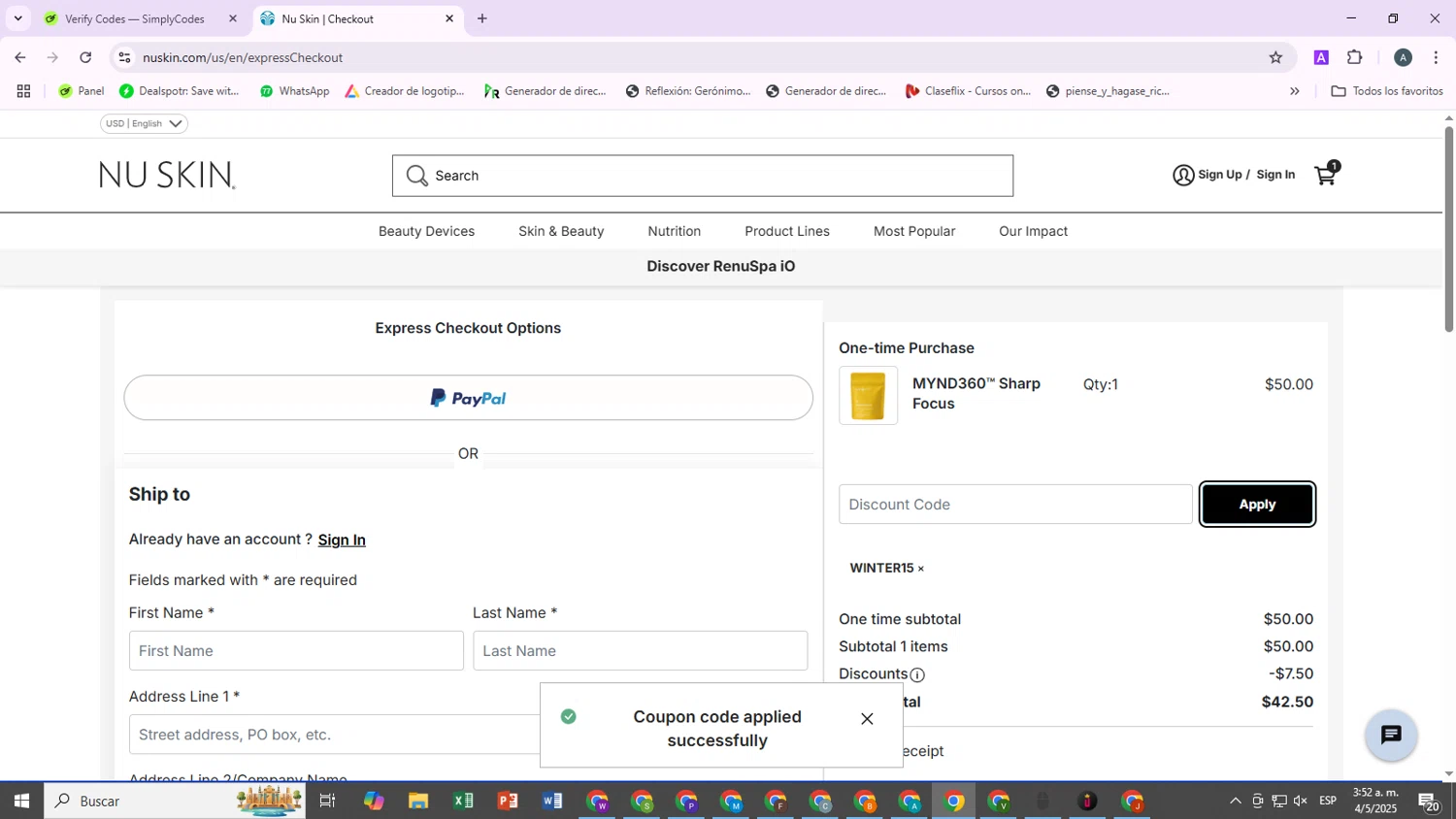 Nu Skin checkout page showing Nu Skin promo code box | Screenshot taken by SimplyCodes community member on May 4, 2025