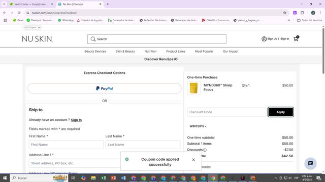 Nu Skin checkout page showing Nu Skin promo code box | Screenshot taken by SimplyCodes community member on May 4, 2025