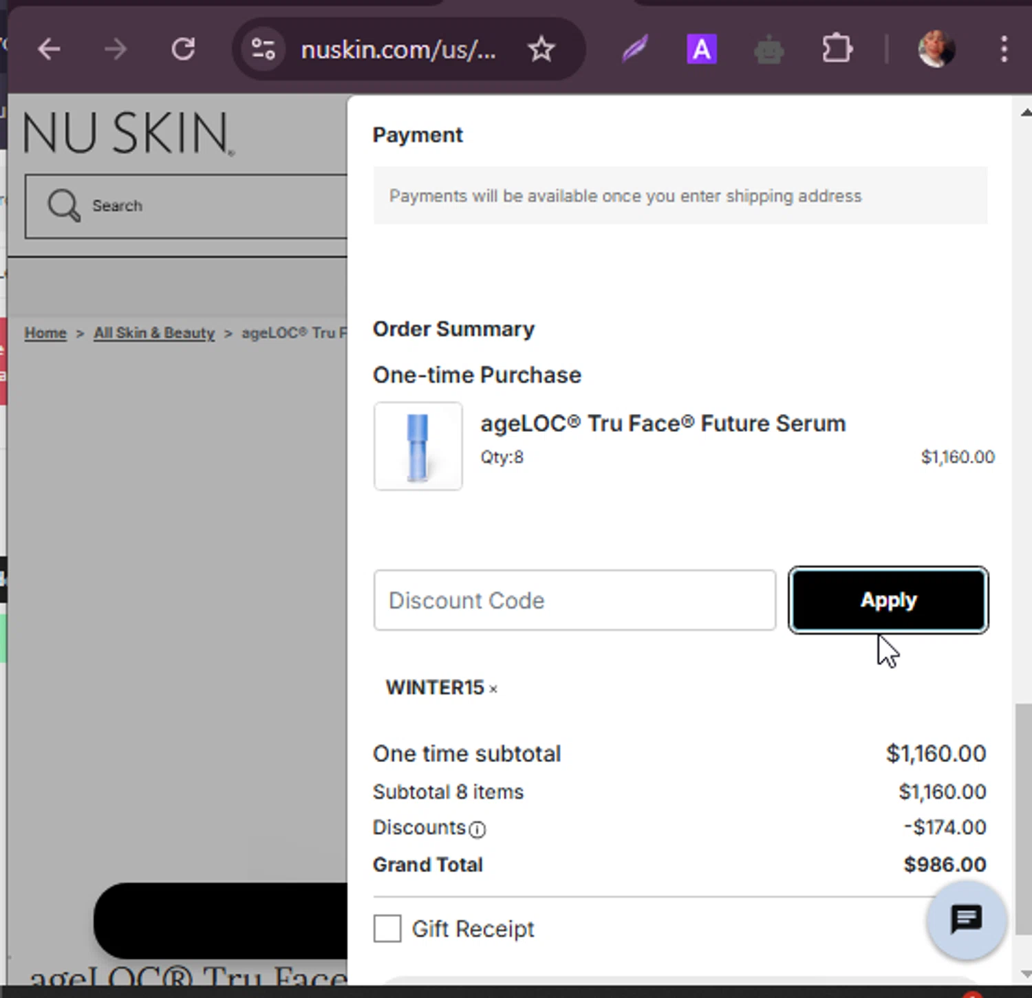 Nu Skin checkout page showing Nu Skin promo code box | Screenshot taken by SimplyCodes community member on Apr 17, 2025
