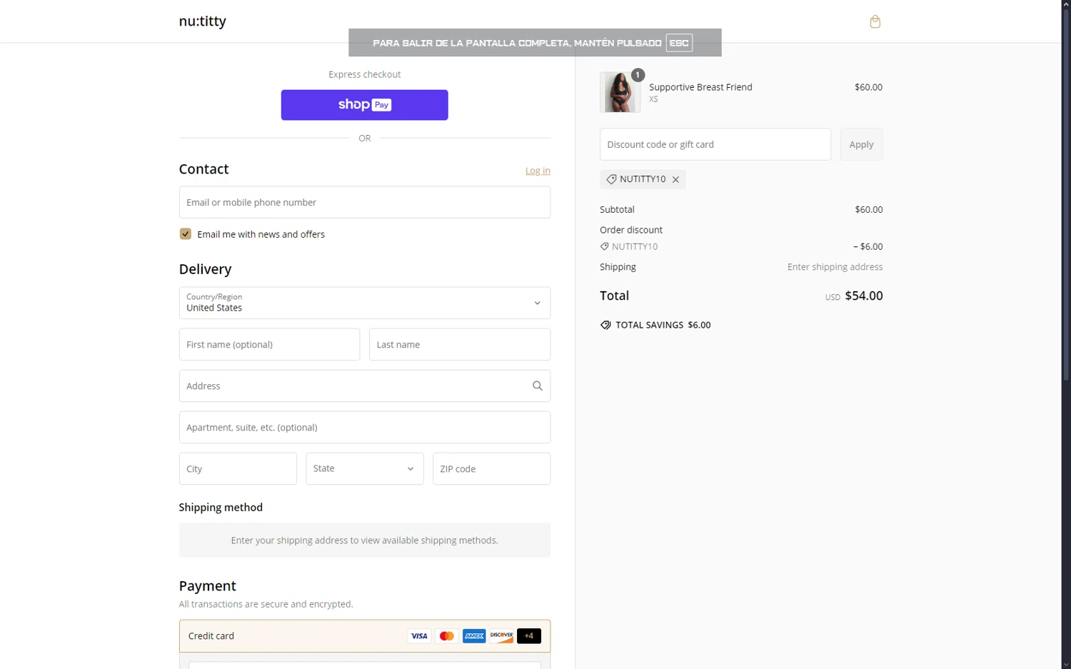 nu:titty promo code screenshot showing code NUTITTY10 applied at nu:titty checkout page. Uploaded by SimplyCodes community member GAPP3003 on Feb 25, 2025