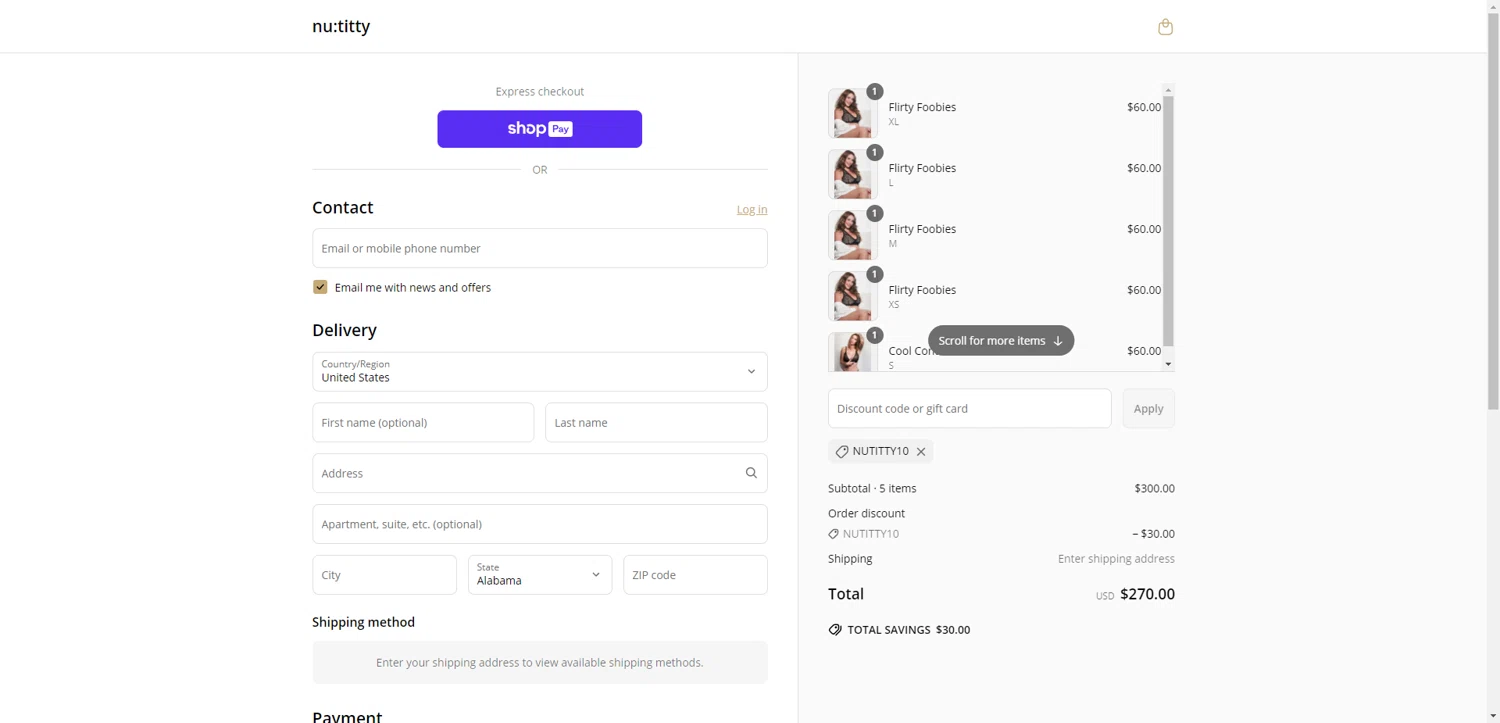 nu:titty promo code screenshot showing code NUTITTY10 applied at nu:titty checkout page. Uploaded by SimplyCodes community member PennyRanger8219 on May 23, 2025