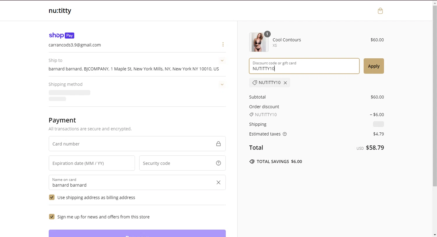 nu:titty promo code screenshot showing code NUTITTY10 applied at nu:titty checkout page. Uploaded by SimplyCodes community member NobleGenius9060 on Jan 27, 2025