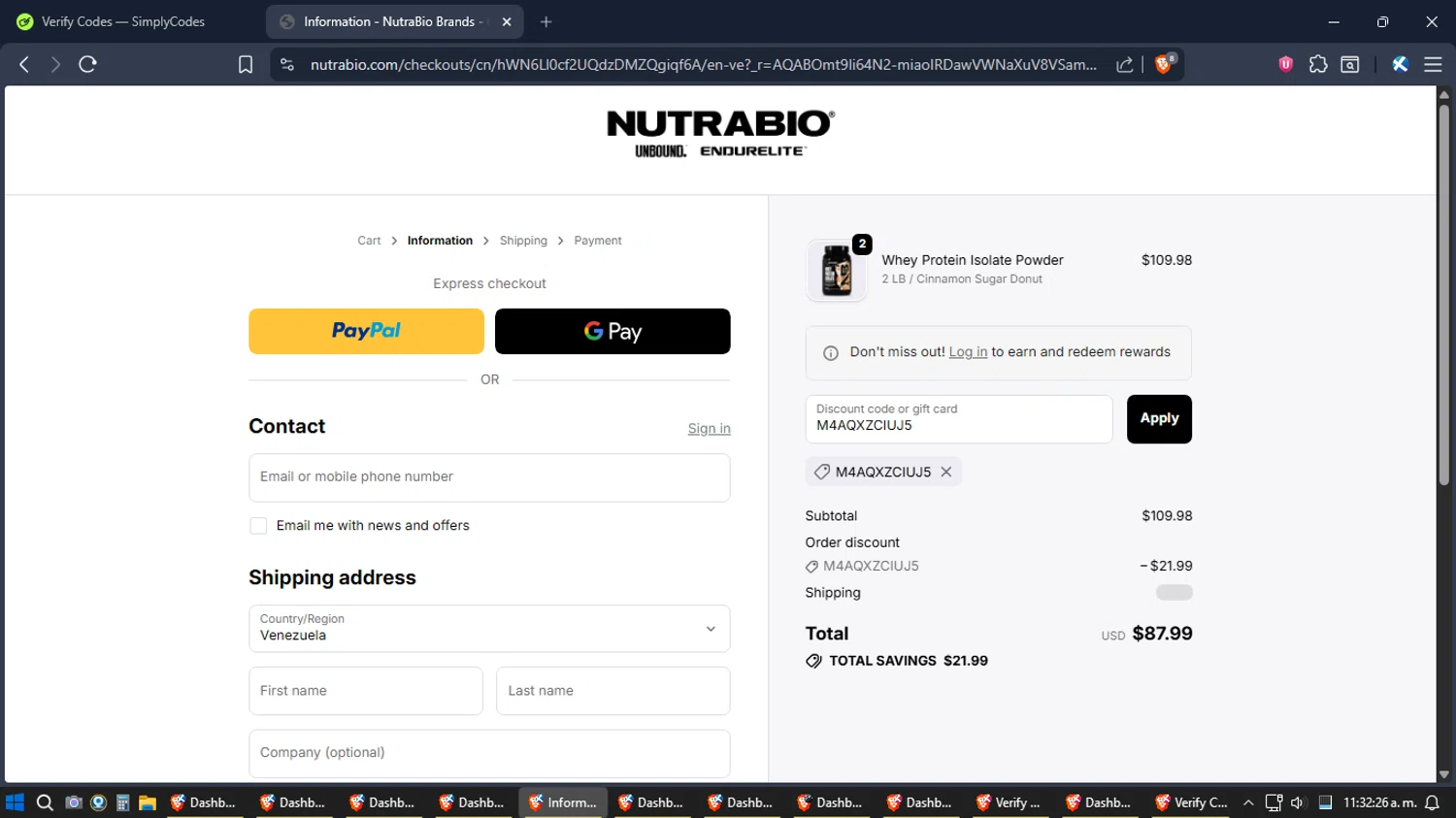 NutraBio discount code screenshot showing code M4AQXZCIUJ5 applied at NutraBio checkout page. Uploaded by SimplyCodes community member SoulPower on Dec 12, 2025