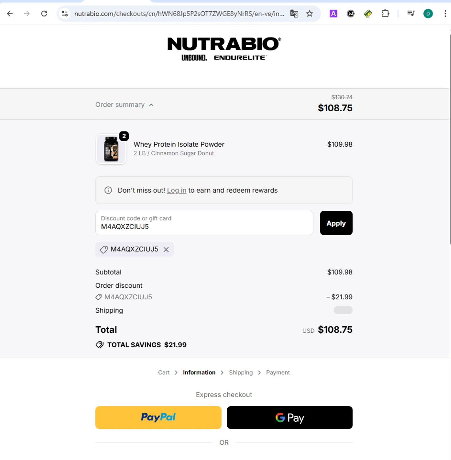 NutraBio discount code screenshot showing code M4AQXZCIUJ5 applied at NutraBio checkout page. Uploaded by SimplyCodes community member danielgonzalez5 on Dec 6, 2025