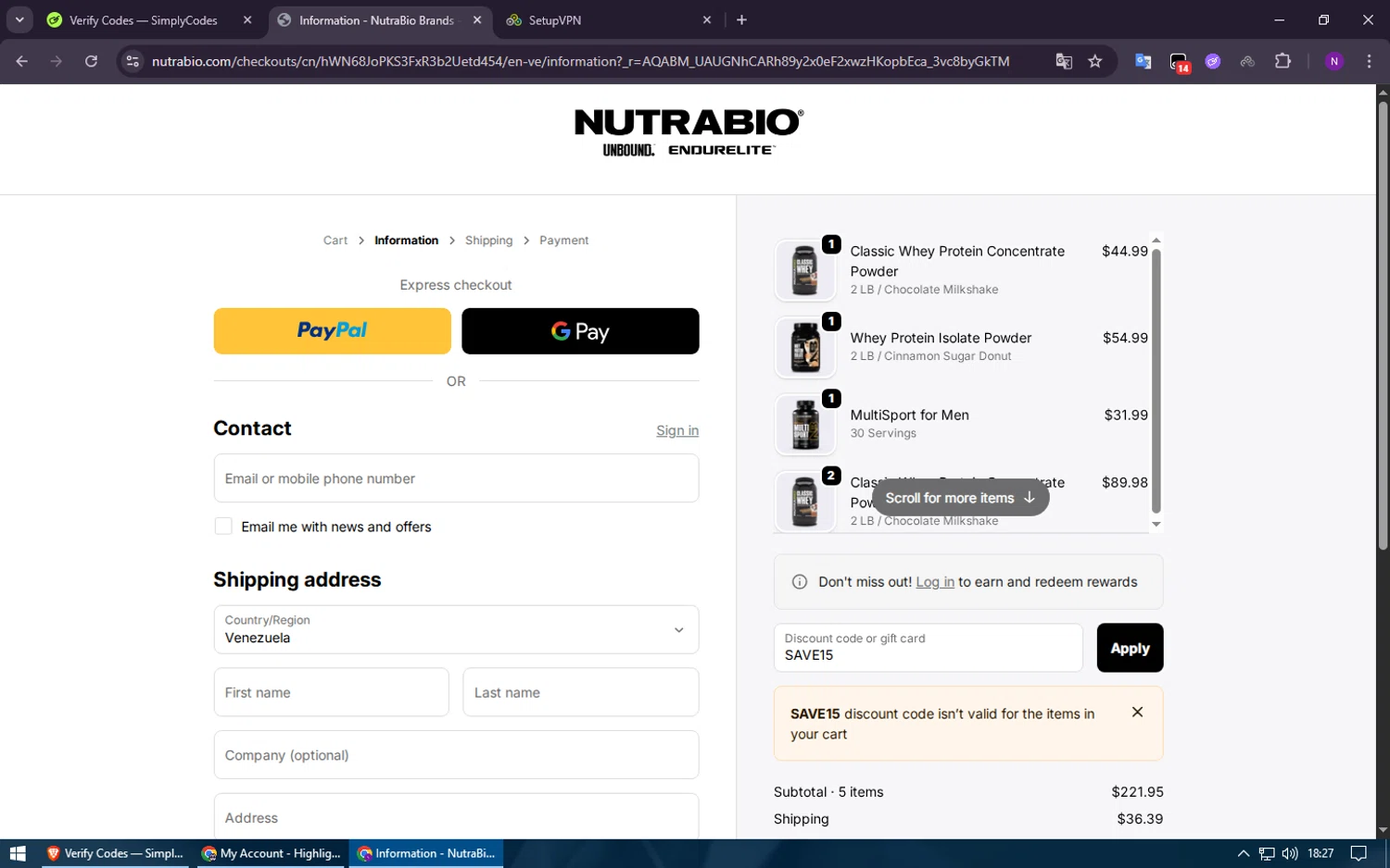 NutraBio discount code screenshot showing code SAVE15 applied at NutraBio checkout page. Uploaded by SimplyCodes community member ShieldElite2370 on Dec 6, 2025