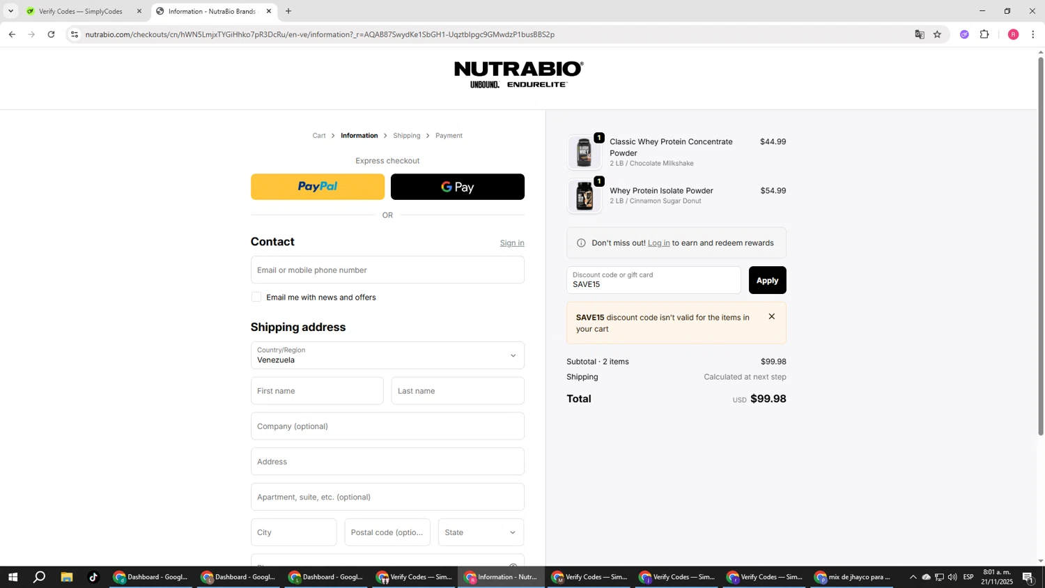 NutraBio discount code screenshot showing code SAVE15 applied at NutraBio checkout page. Uploaded by SimplyCodes community member TTTT55 on Nov 21, 2025