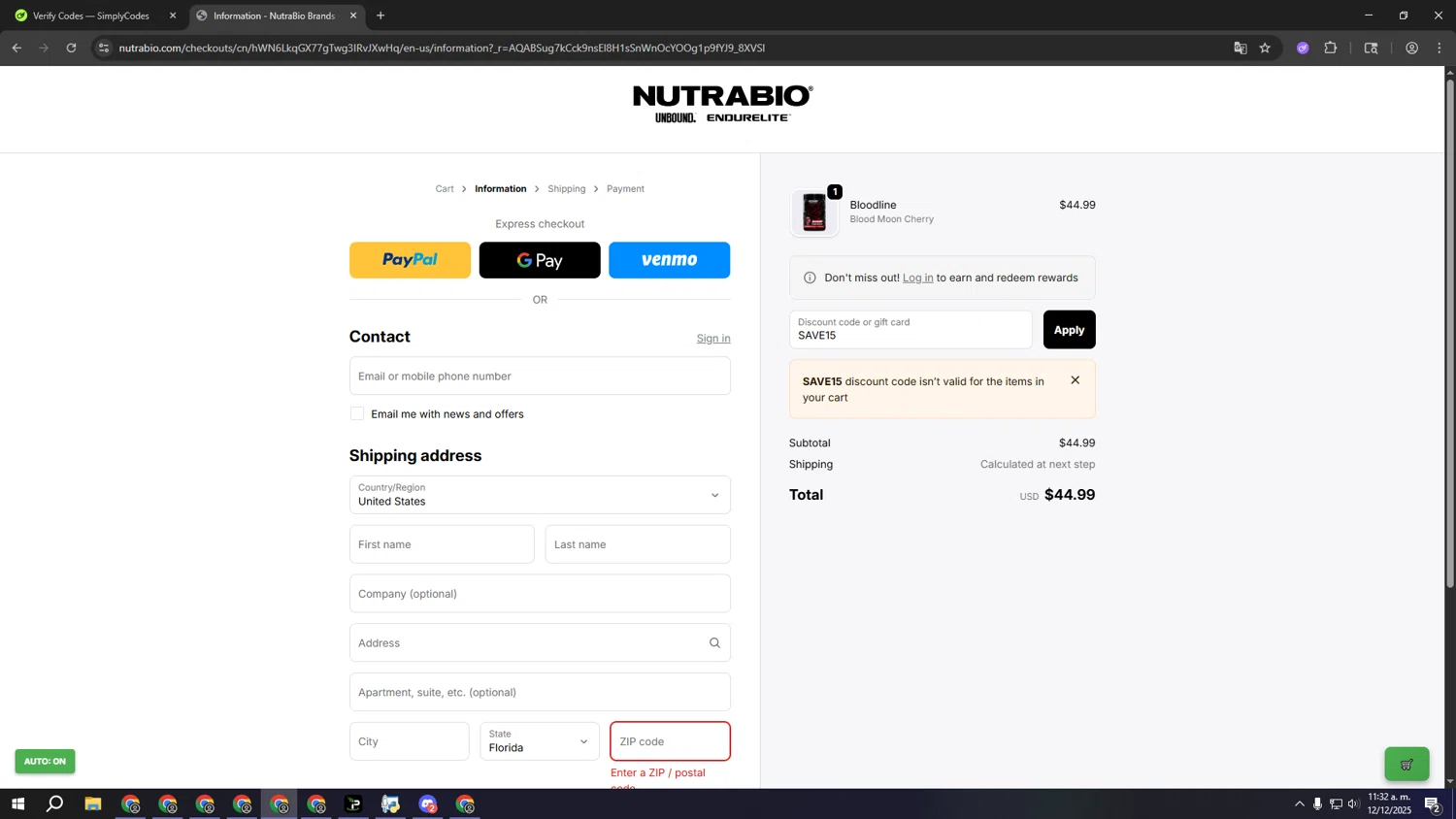 NutraBio discount code screenshot showing code SAVE15 applied at NutraBio checkout page. Uploaded by SimplyCodes community member fffffffffffffffffff on Dec 12, 2025