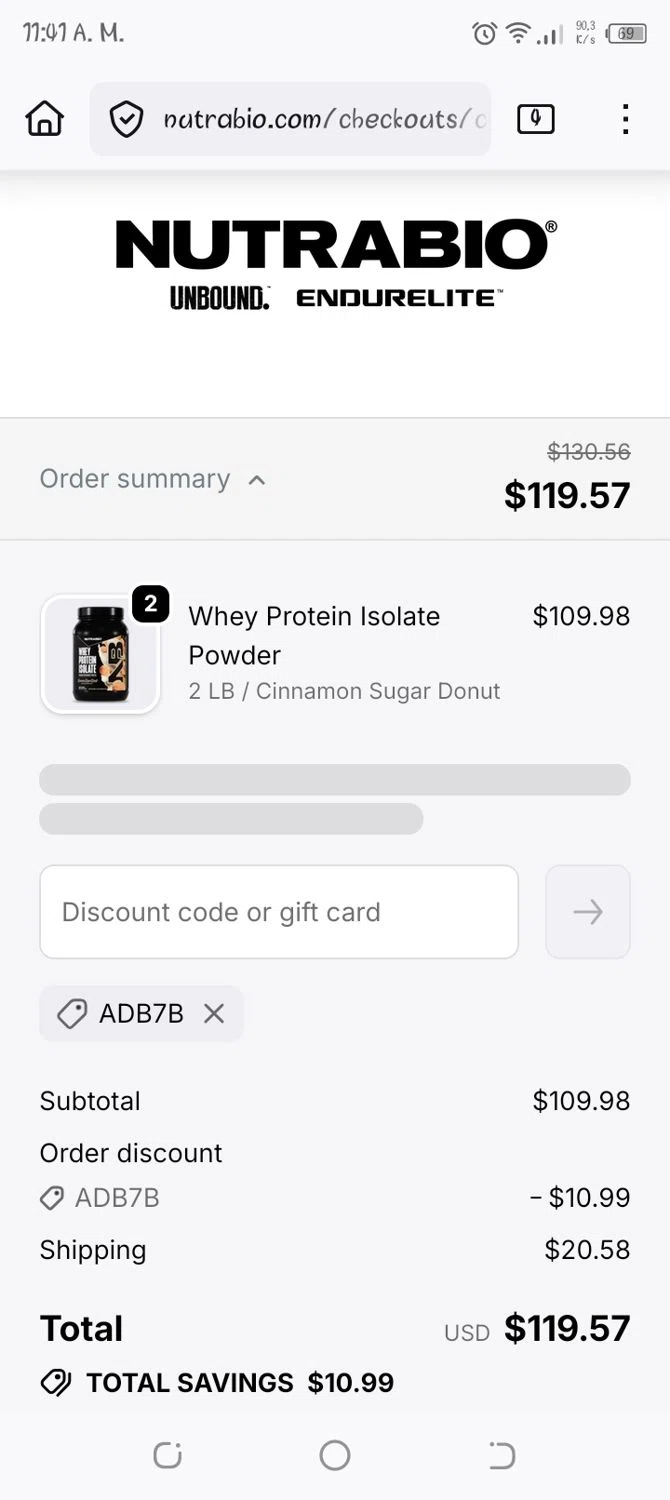 NutraBio discount code screenshot showing code ADB7B applied at NutraBio checkout page. Uploaded by SimplyCodes community member NavarroGonzalez on Dec 12, 2025