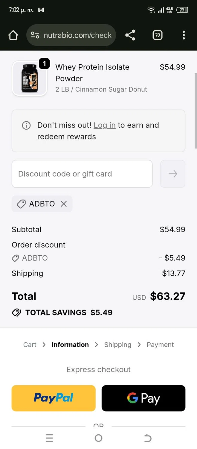 NutraBio discount code screenshot showing code ADBTO applied at NutraBio checkout page. Uploaded by SimplyCodes community member Pipina on Dec 6, 2025