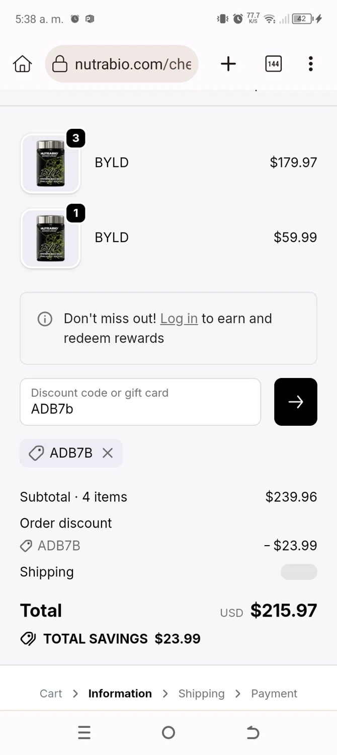 NutraBio discount code screenshot showing code ADB7B applied at NutraBio checkout page. Uploaded by SimplyCodes community member Typer19 on Dec 11, 2025