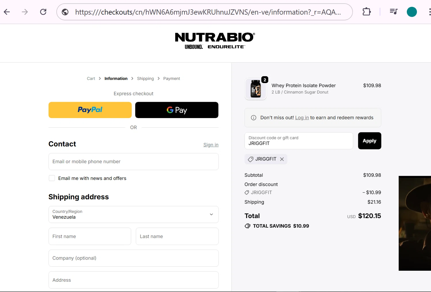 NutraBio discount code screenshot showing code JRIGGFIT applied at NutraBio checkout page. Uploaded by SimplyCodes community member anosesmith on Dec 7, 2025