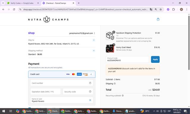 NutraChamps checkout page showing NutraChamps promo code box | Screenshot taken by SimplyCodes community member on Sep 9, 2025