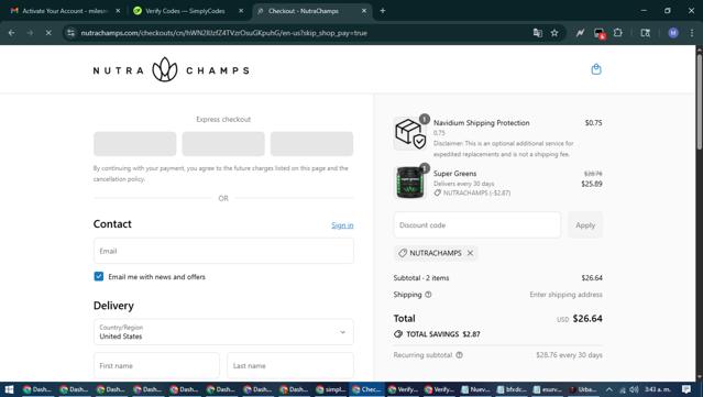 NutraChamps checkout page showing NutraChamps promo code box | Screenshot taken by SimplyCodes community member on Sep 9, 2025