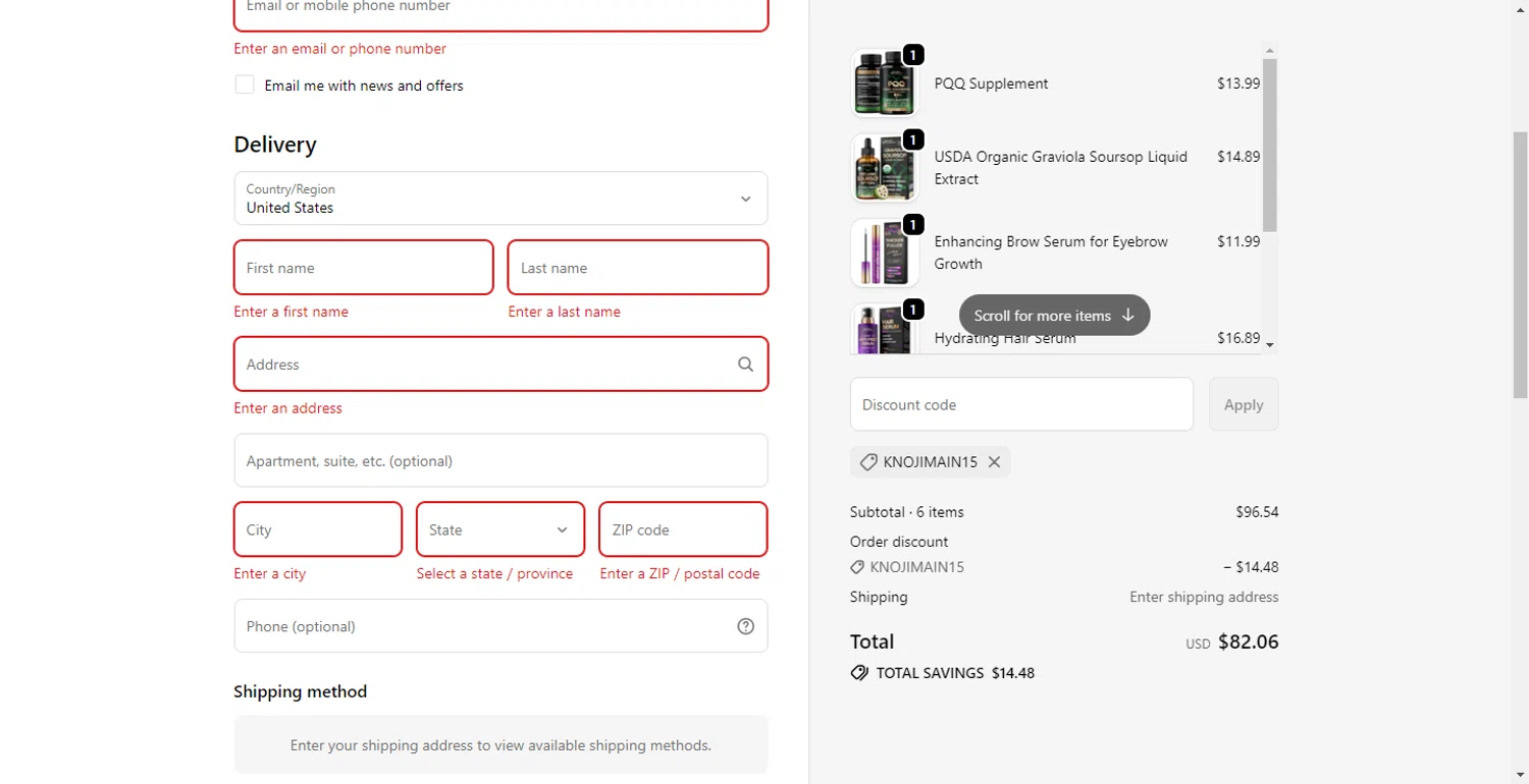 NutraHarmony promo code screenshot showing code KnojiMain15 applied at NutraHarmony checkout page. Uploaded by SimplyCodes community member CodeTitan6120 on Oct 12, 2025