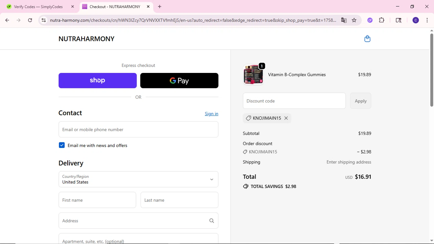 NutraHarmony promo code screenshot showing code KnojiMain15 applied at NutraHarmony checkout page. Uploaded by SimplyCodes community member MoneyWizard2699 on Sep 23, 2025