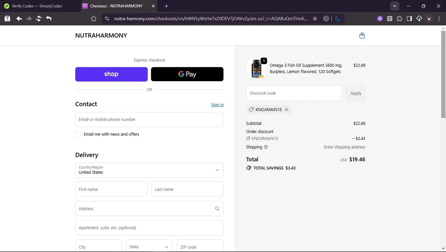 NutraHarmony promo code screenshot showing code KnojiMain15 applied at NutraHarmony checkout page. Uploaded by SimplyCodes community member Userr2 on Dec 2, 2025
