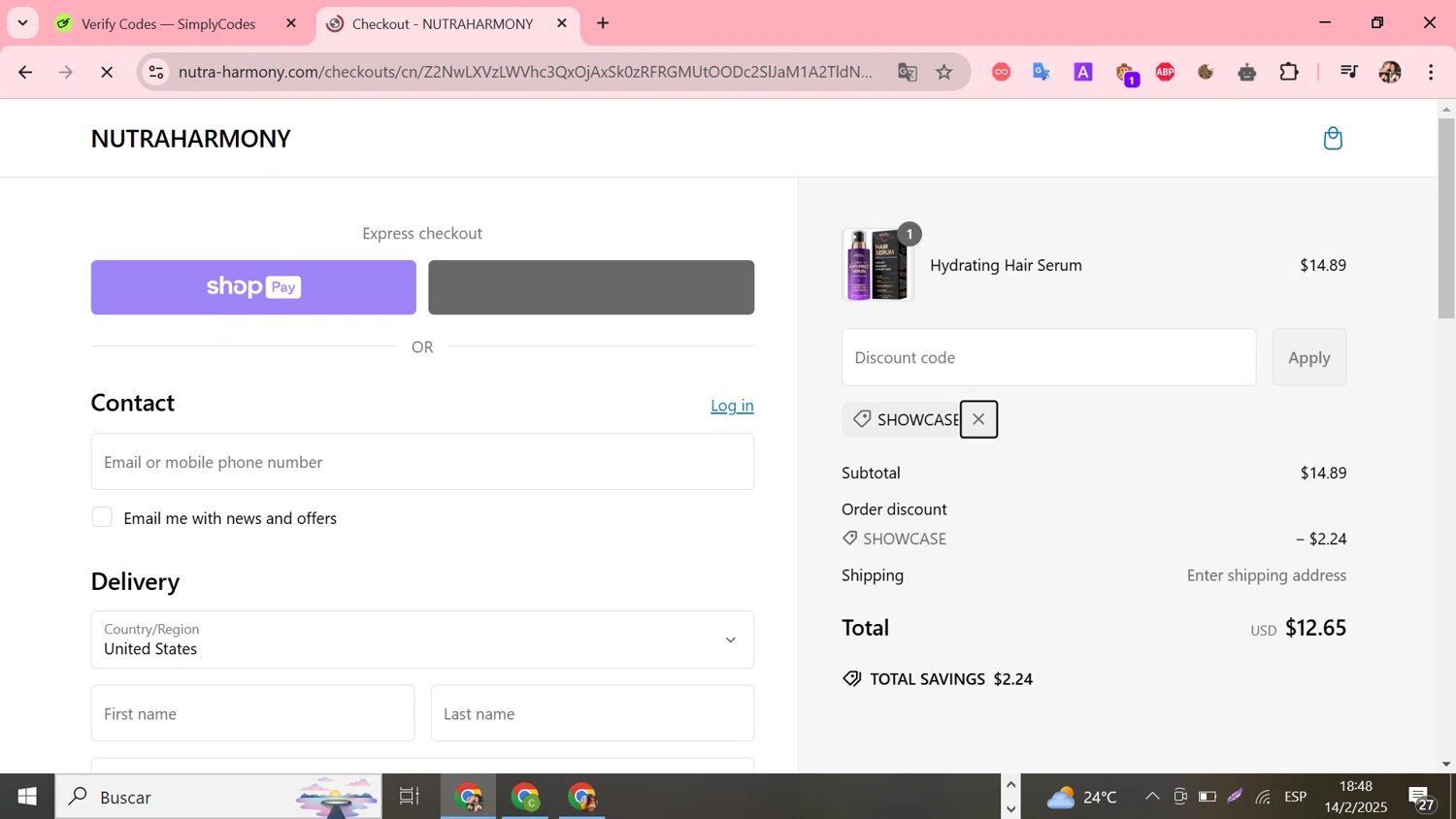 NutraHarmony promo code screenshot showing code SHOWCASE applied at NutraHarmony checkout page. Uploaded by SimplyCodes community member Susejprimera on Feb 14, 2025