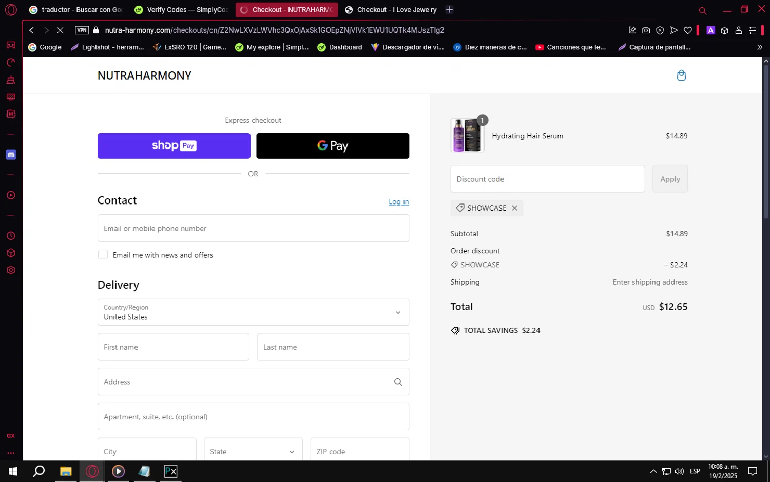 NutraHarmony promo code screenshot showing code SHOWCASE applied at NutraHarmony checkout page. Uploaded by SimplyCodes community member PrimeVirtuoso9679 on Feb 19, 2025